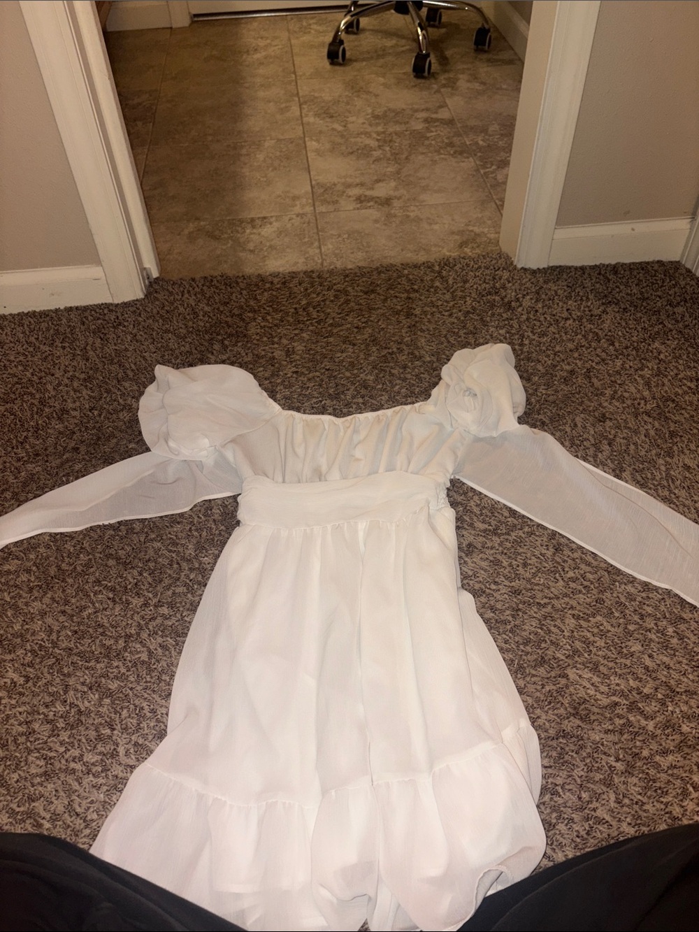 White Puff-Sleeve Kids Dress - Lightweight Ruffle Skirt tie open back